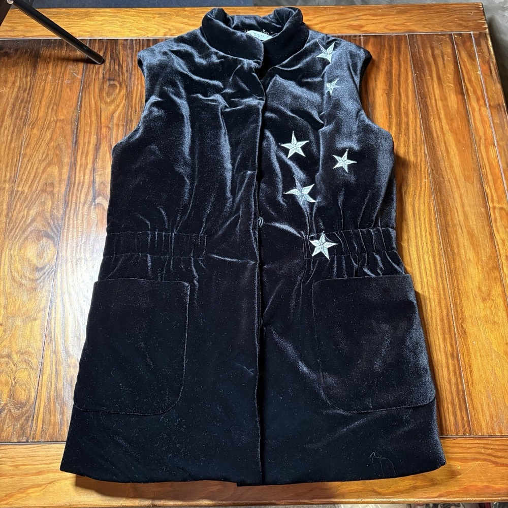 Seven Lab NYC Black Velvet Star Long Vest Woolmark Russia Sz M Fun Art Unique